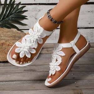 Veloura White Floral Sandals Women Elegant Summer Flat Comfort Sandals